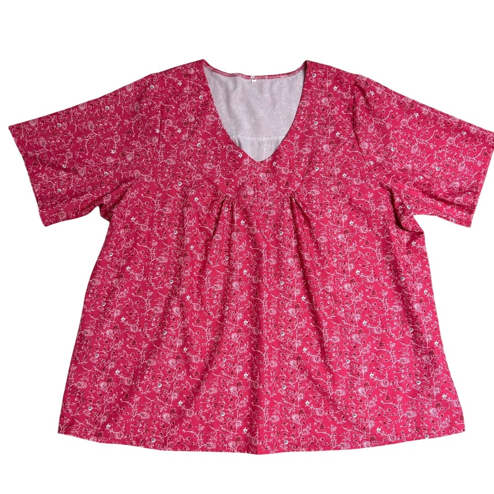 Womens Plus Size Top 5XL Pink Floral V-Neck Short Sleeve Pleated Front Blouse